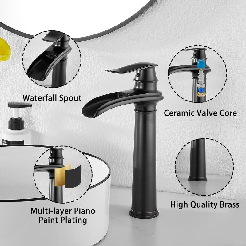 GGStudy Oil Rubbed Bronze Bathroom Faucet Single Handle One Hole Waterfall Farmhouse Bathroom Vessel Sink Faucet Matching with Pop Up Drain - Image 4